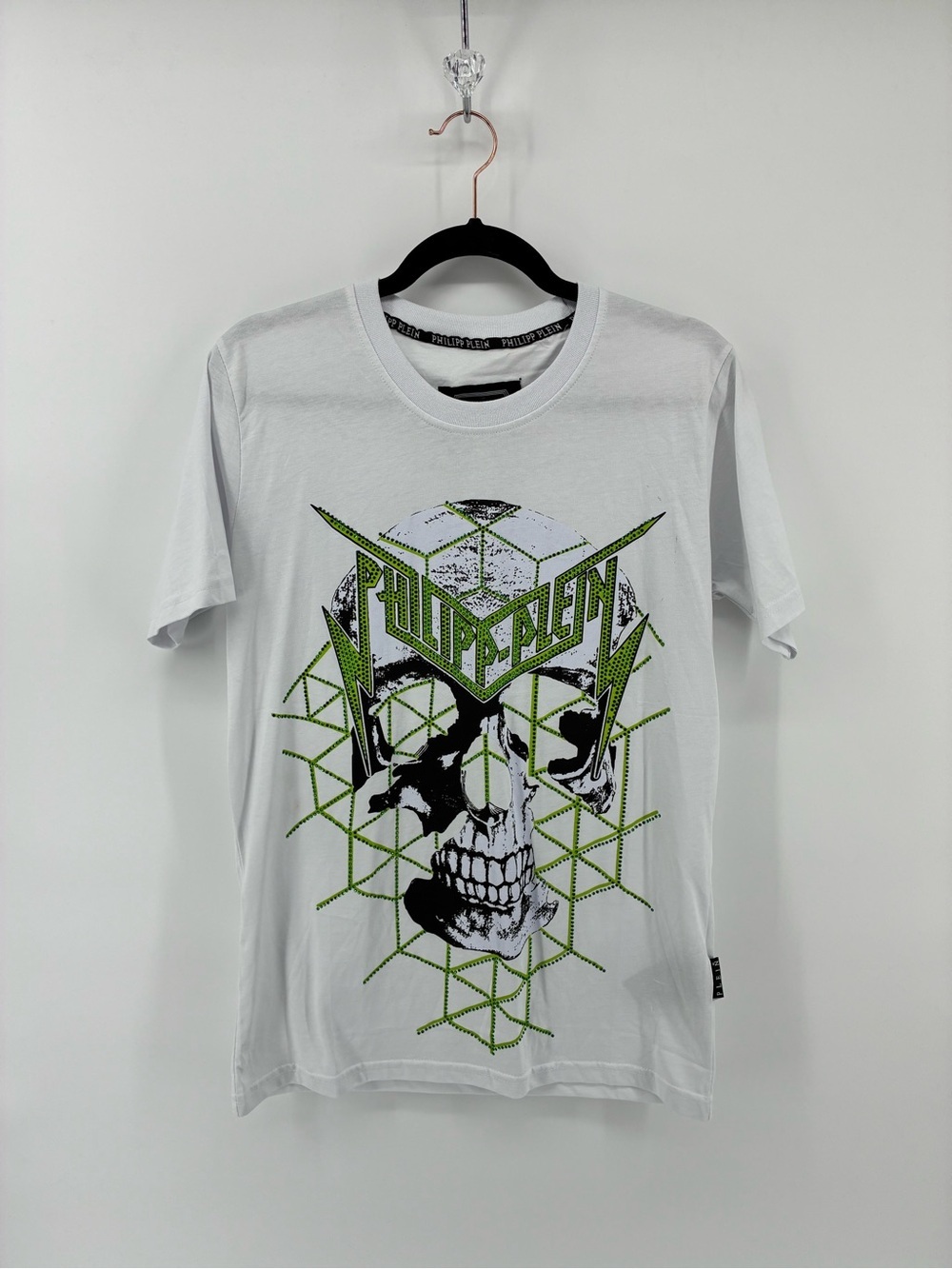 Philipp Plein White Short-Sleeve Tee with Black Skull and Neon Green Graphic